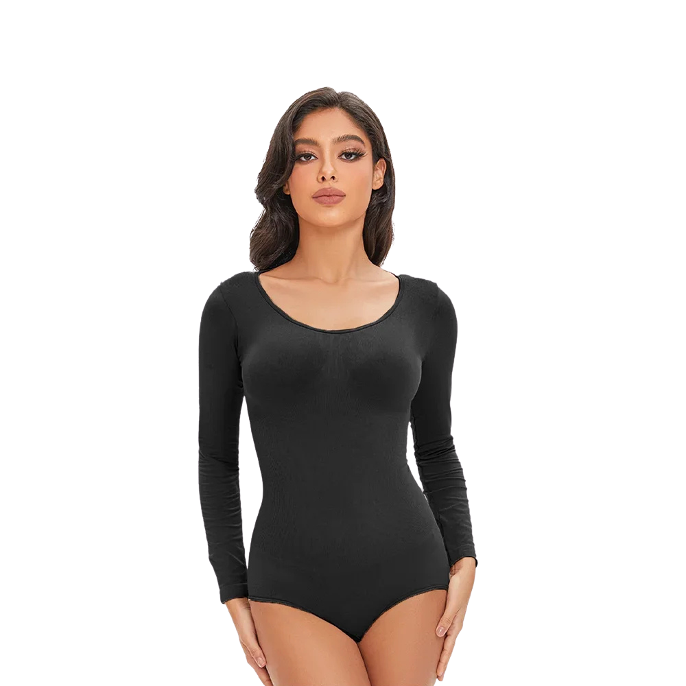 Woman wearing a black long-sleeve bodysuit on a white background