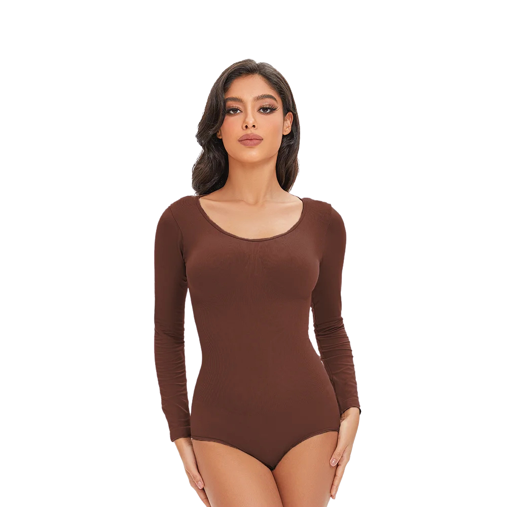Woman wearing a brown bodysuit on a white background
