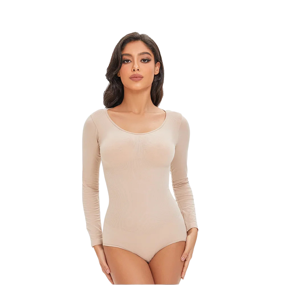Woman wearing a beige long-sleeve bodysuit on a white background
